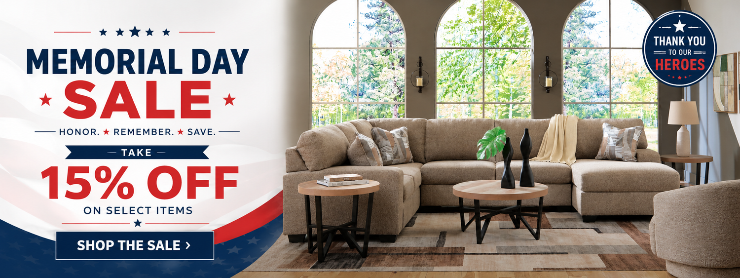 Memorial Day sale advertisement with a living room set and promotional text.