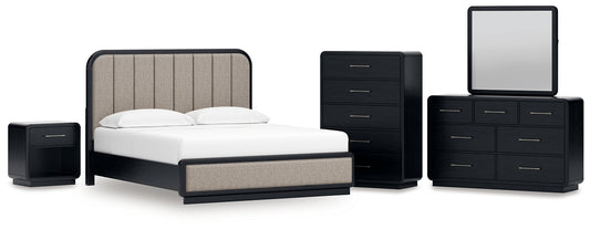 Rowanbeck California King Upholstered Panel Bed with Mirrored Dresser, Chest and Nightstand