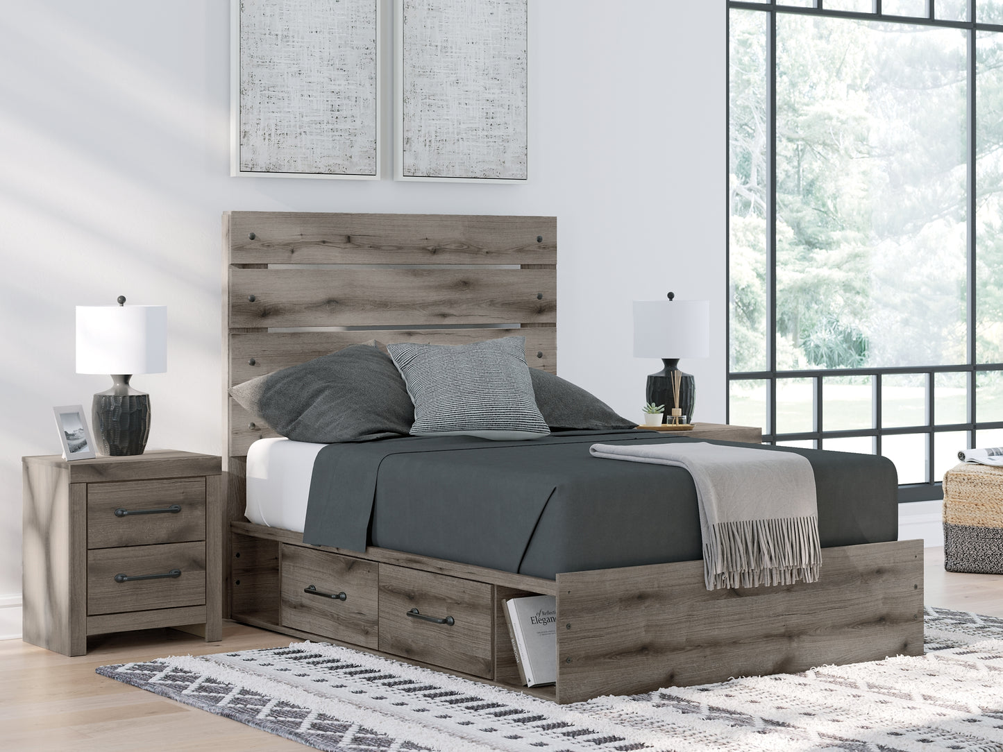 Graystorm Full Panel Bed with Storage with Mirrored Dresser and Nightstand