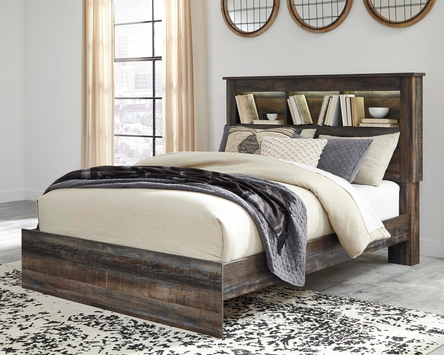 Drystan Queen Bookcase Bed, Dresser, Mirror, Chest and Nightstand