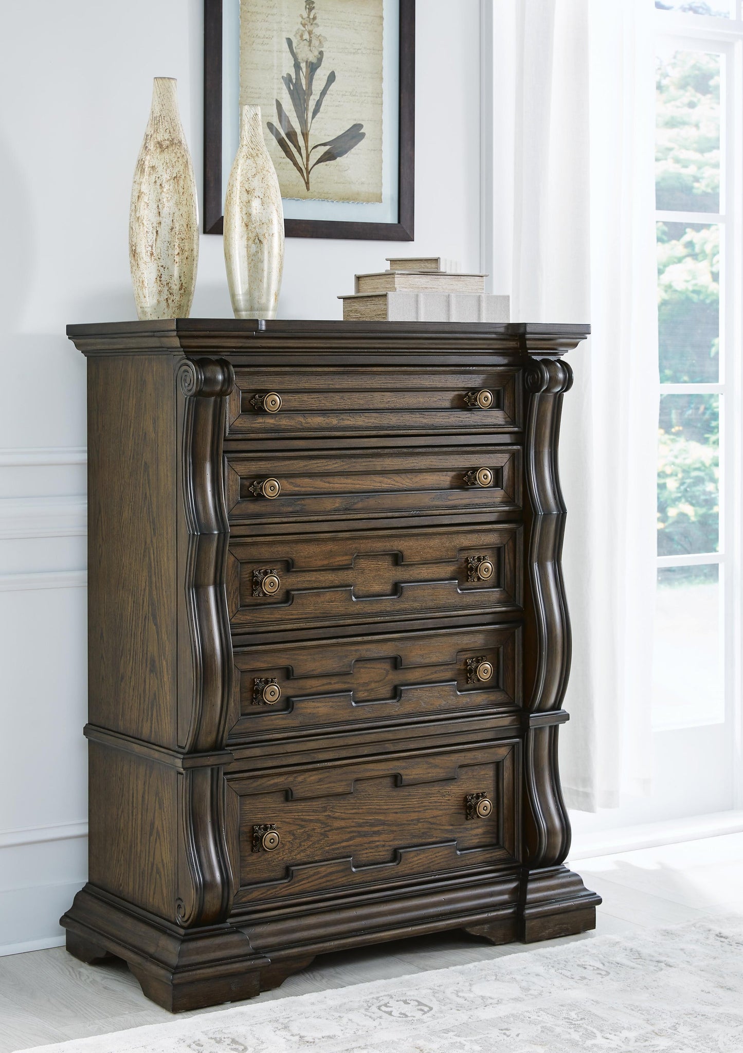 Maylee King Upholstered Bed, Dresser, Mirror, Chest and Nightstand