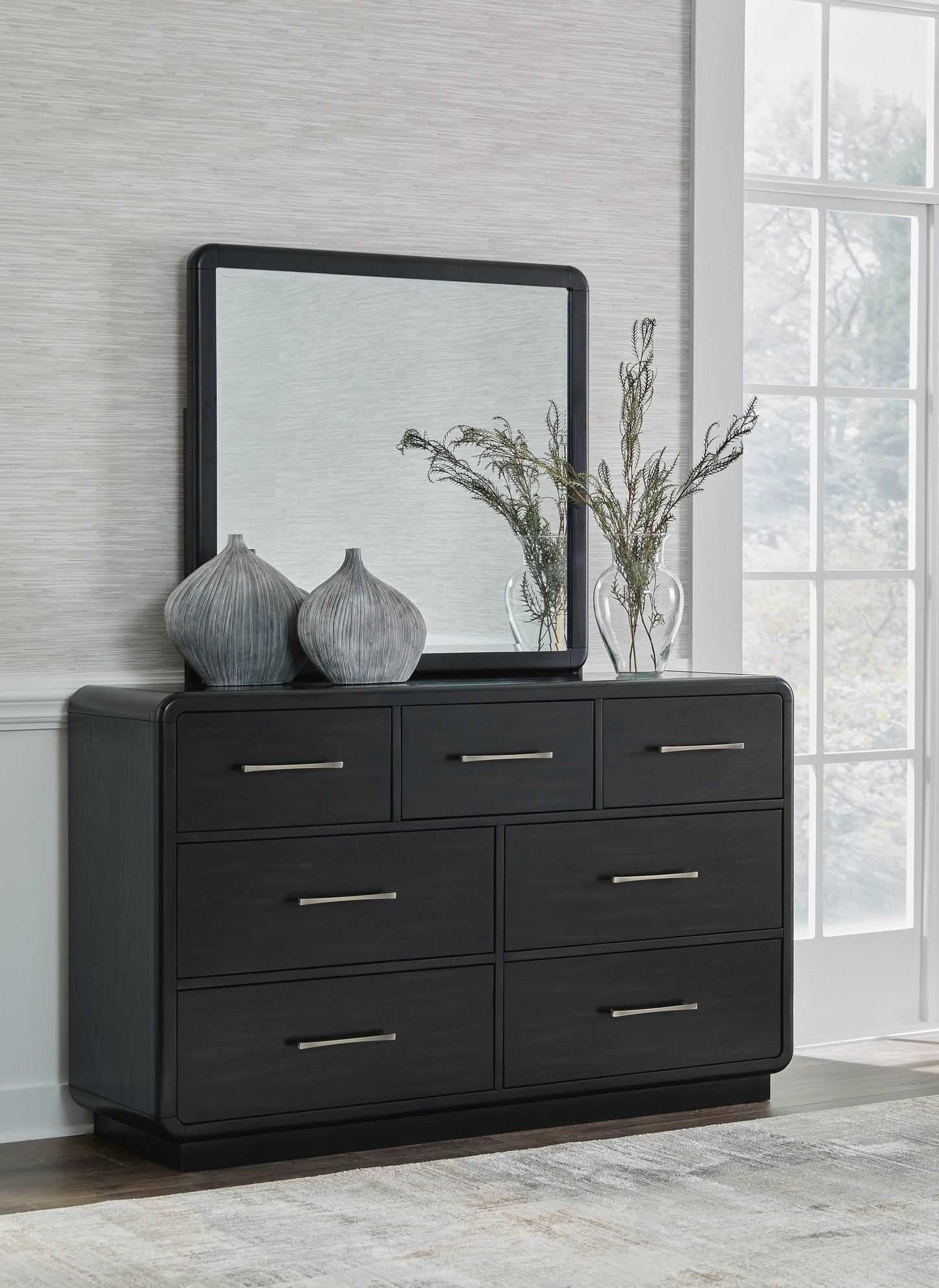 Rowanbeck King Upholstered Panel Bed, Dresser, Mirror and Nightstand