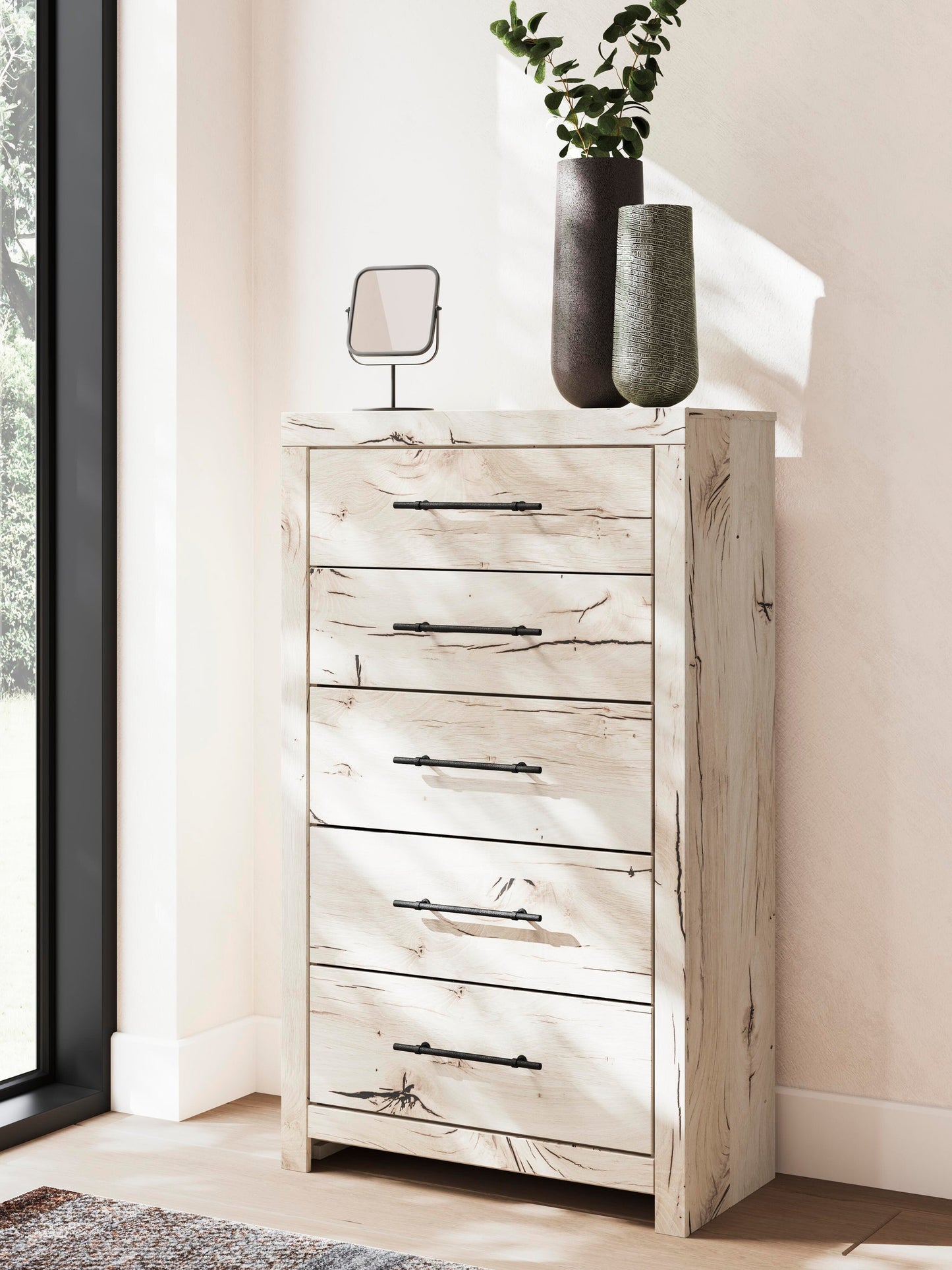 Lawroy Twin Panel Bed with Storage, Dresser, Mirror, Chest and Nightstand