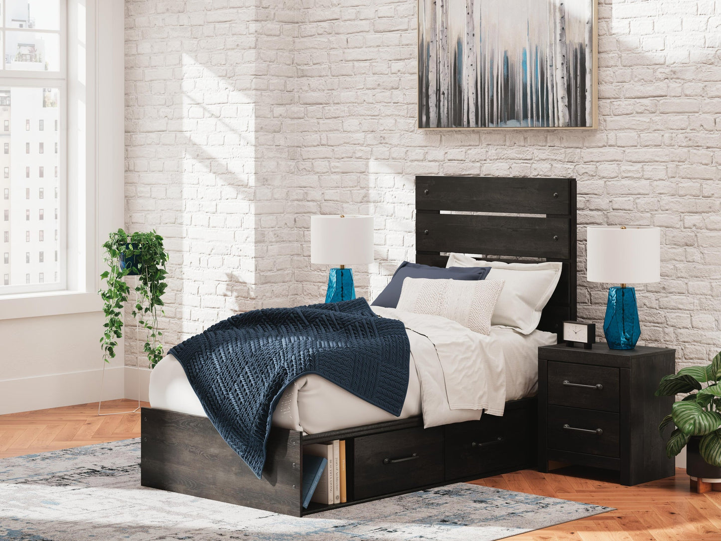 Hollivern Twin Panel Bed with Storage, Dresser and Mirror
