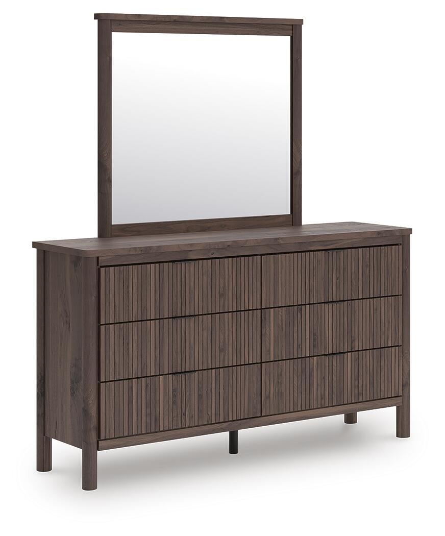 Pamytta Twin Upholstered Panel Platform Bed, Dresser, Mirror, Chest and Nightstand