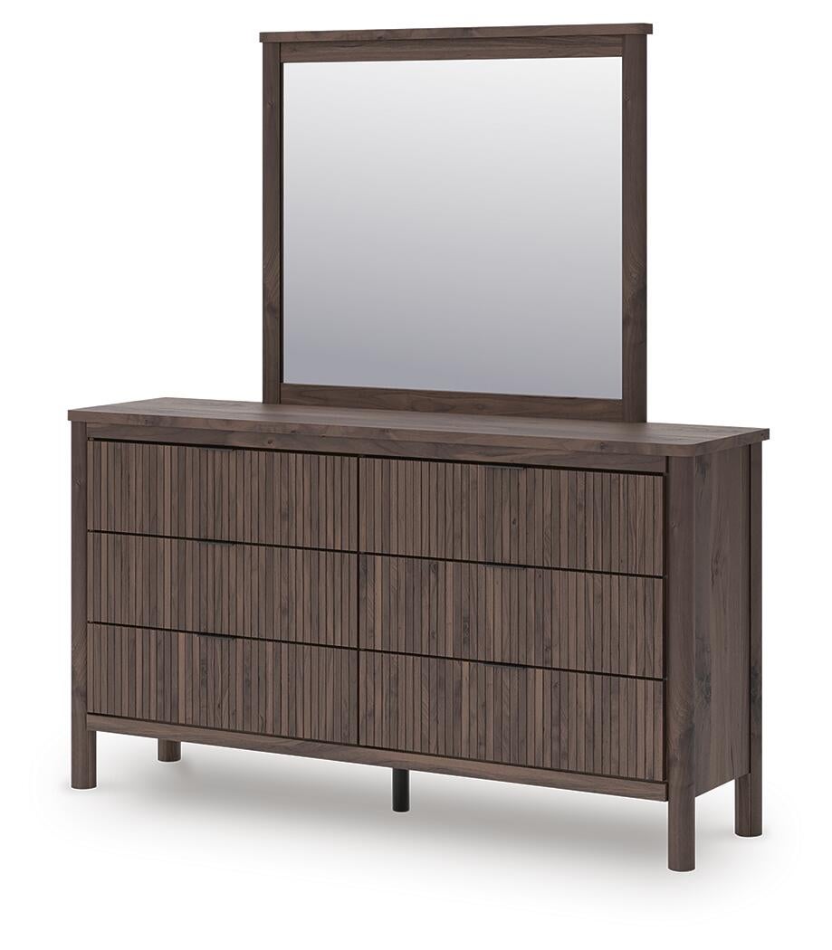 Pamytta Twin Upholstered Panel Platform Bed, Dresser, Mirror and Nightstand