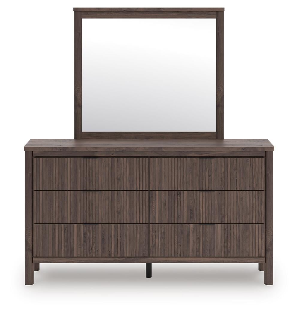 Pamytta Full Upholstered Panel Platform Bed, Dresser and Mirror