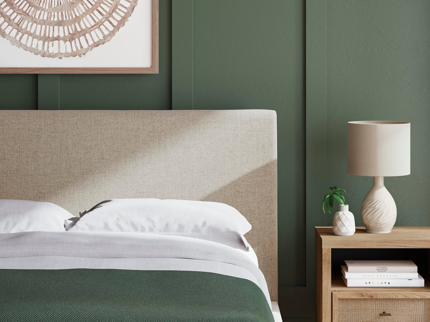 Cielden Queen Upholstered Bed with Roll Slats, Dresser, Mirror, Chest and Nightstand